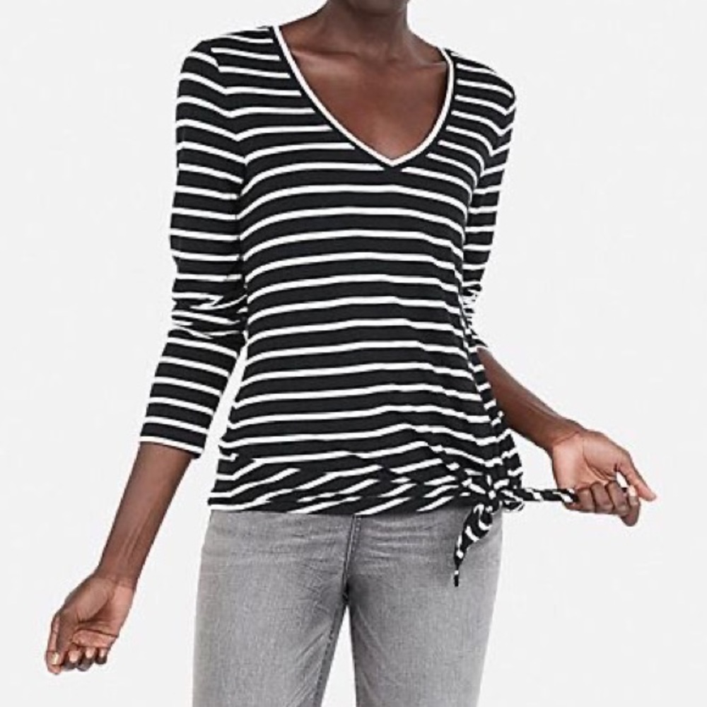 Express V Neck Striped Black & White Top with Front Tie Knot Size Medium